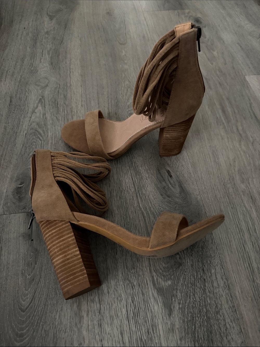 Fringe Ankle-Tie Block Heel Sandals - Brown